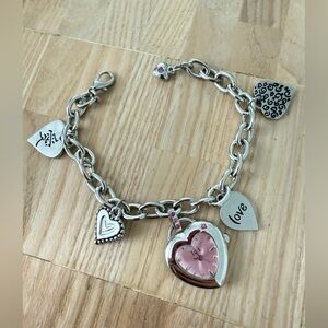 Lei ladies silver tone pink heart charm bracelet watch NEW BATTERY